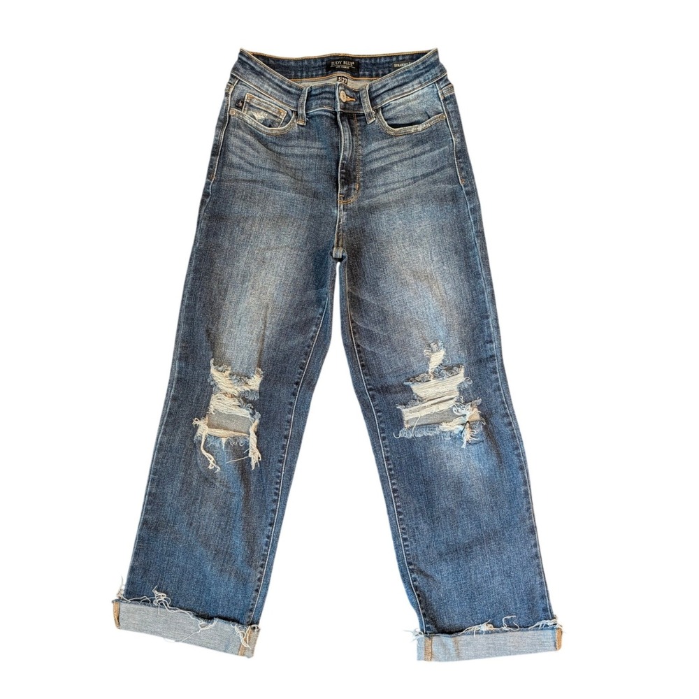Judy Blue High Rise Waist Straight Leg Heavy Distressed Jeans Medium Wash 5/27